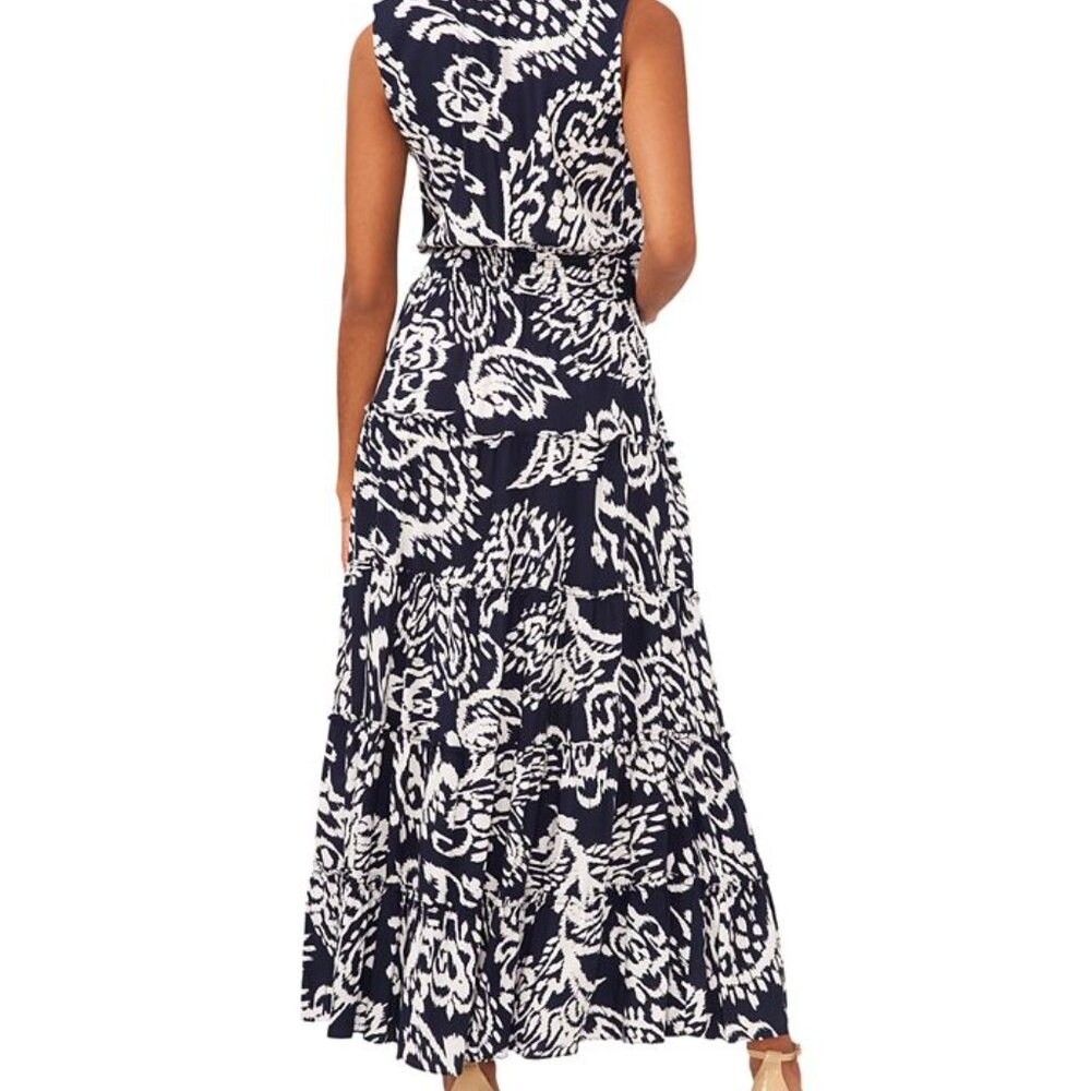 MSK Women's Sleeveless Printed Smocked-Waist Tiered Maxi Dress Navy White L - Picture 3 of 12